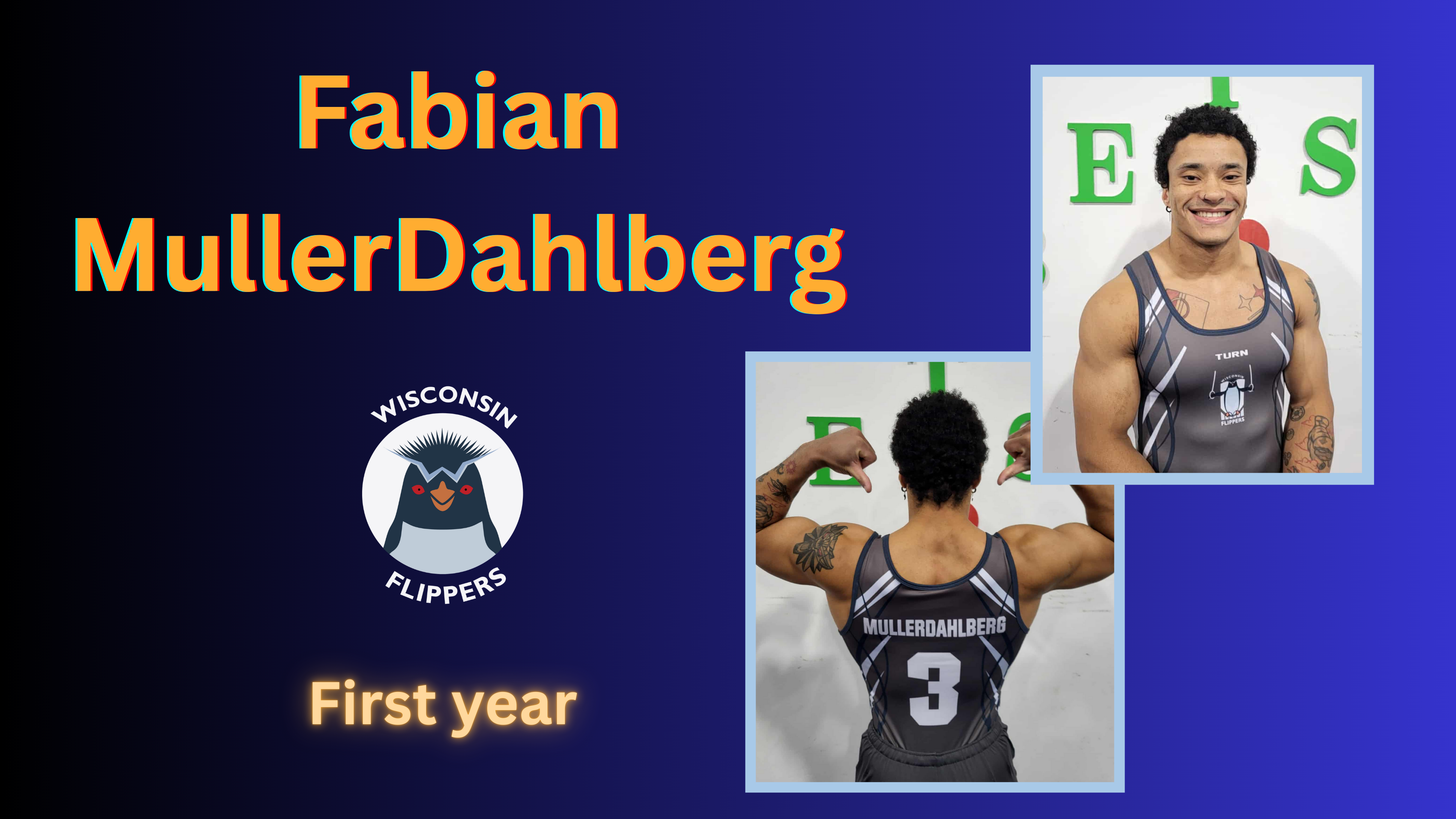 A picture of Fabian MullerDahlberg smiling and pointing to the name at the back of his singlet, introducing him as a first-year