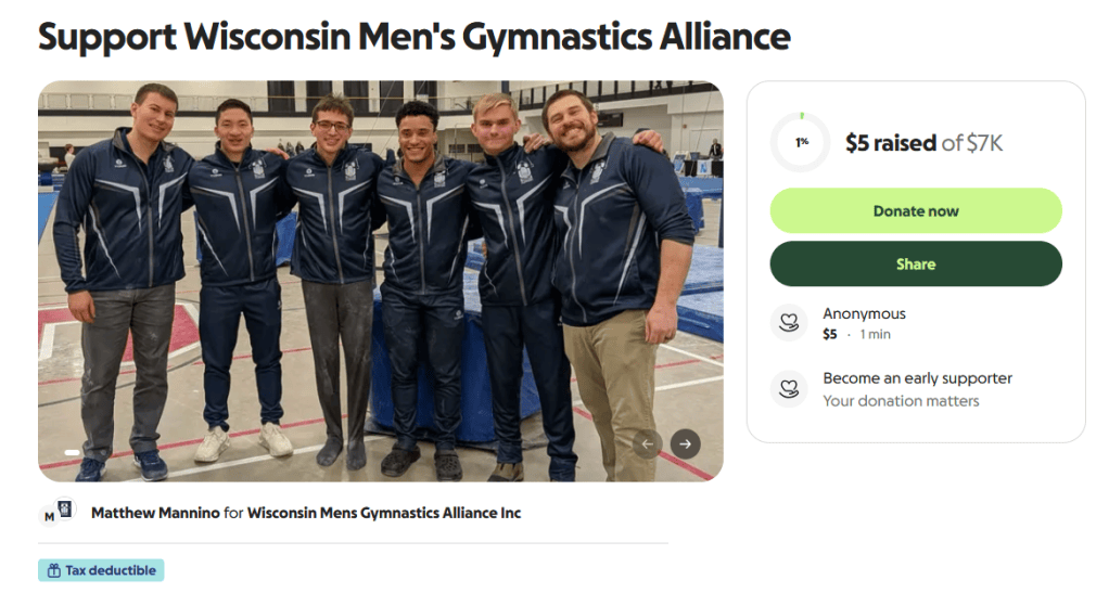 Group of six young men in matching navy blue jackets posing for a photo to support the Wisconsin Men's Gymnastics Alliance.